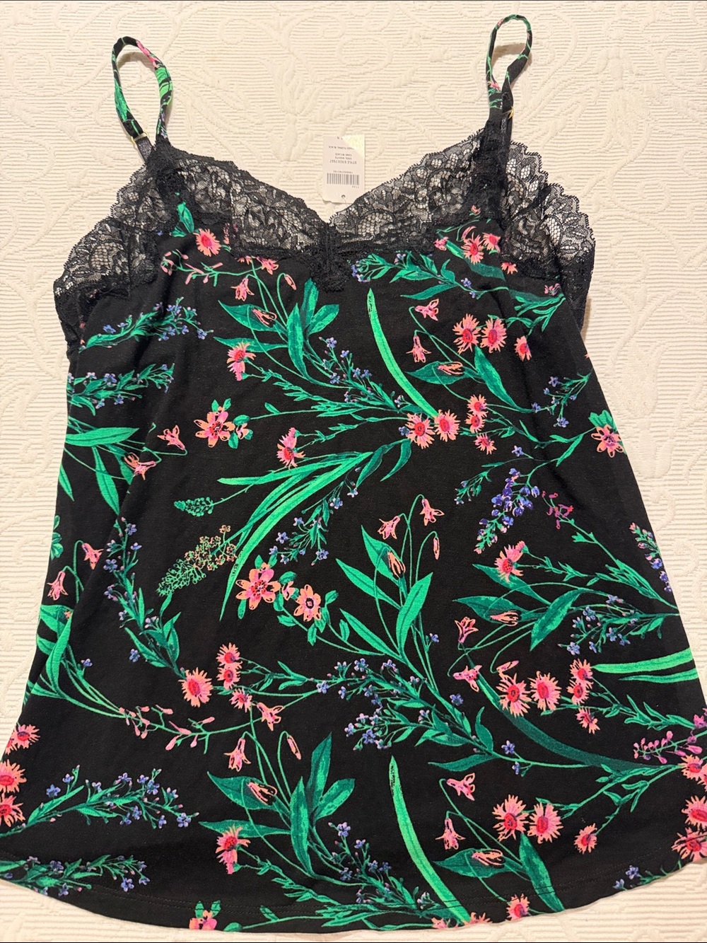 Soma Black Floral Lace-Trim Chemise Pink & Green Print Cool Nights Small NWT